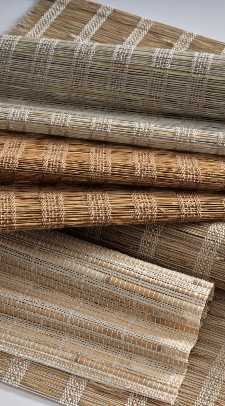 Woven wood shade samples in natural grass and reed textures
