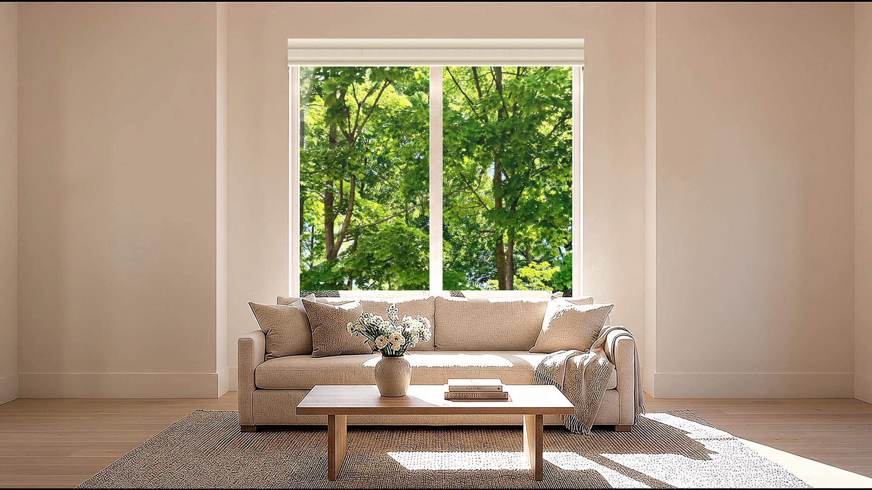 The living room from the film, window open, sun across the sofa